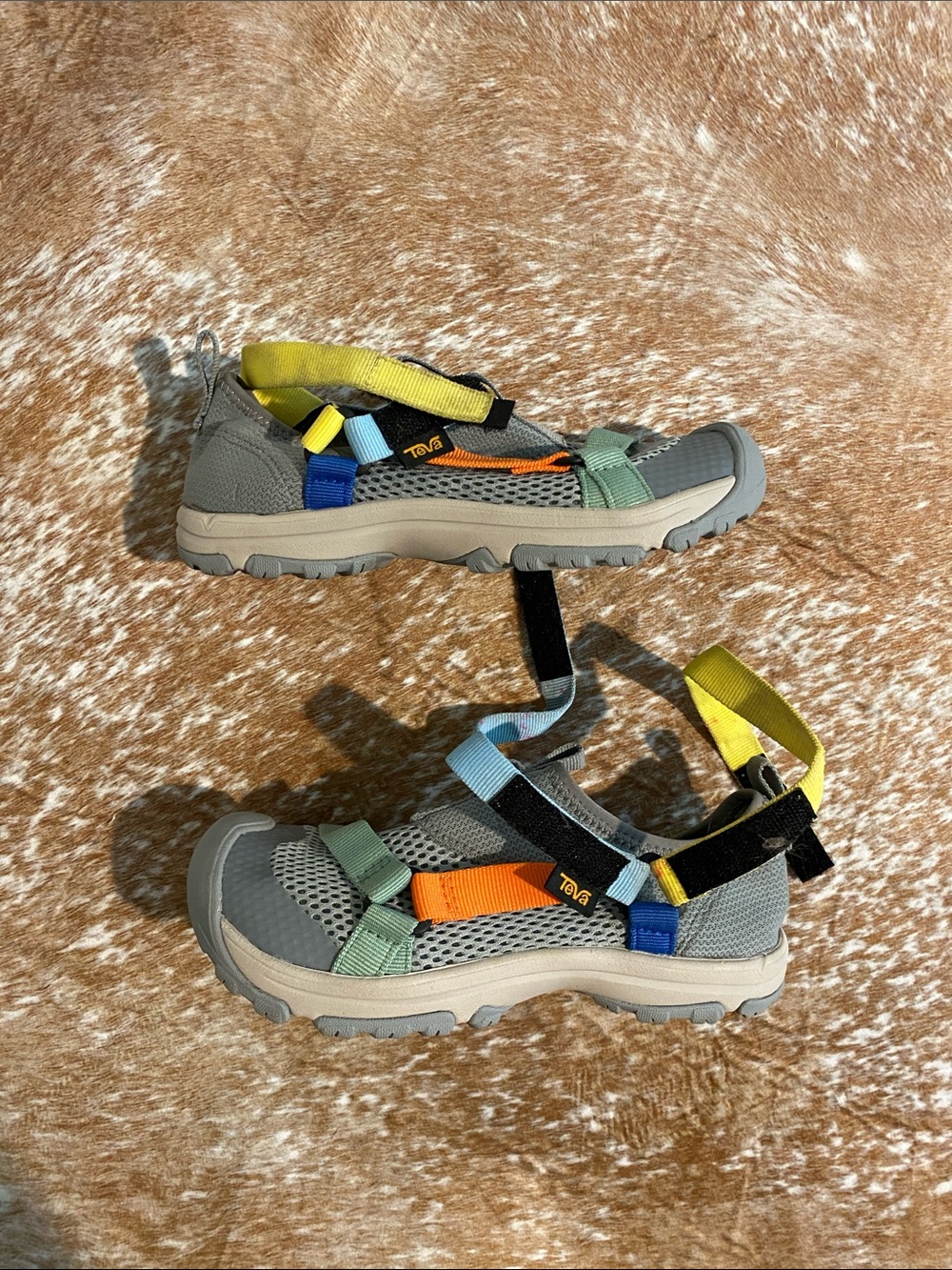 Teva Kids Gray Sandals with Yellow, Orange, Blue & Green Straps size 2